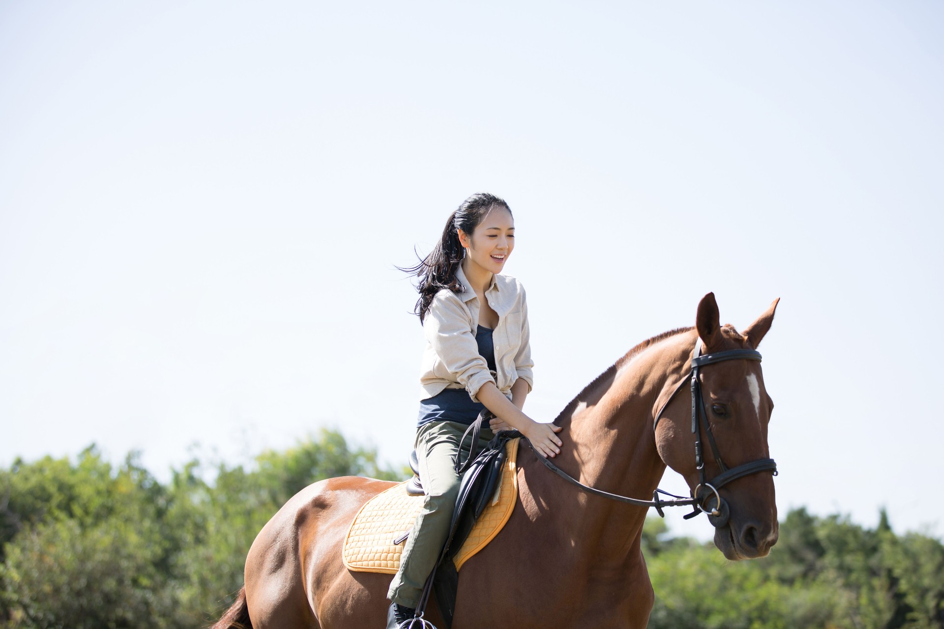 Young East Asian lady galloping on a steed on the grassland under a clear autumn sky - stock photo